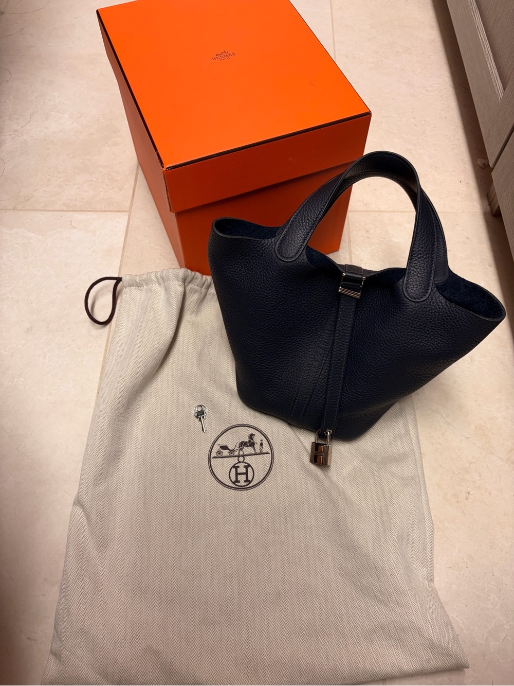 Hermès Navy Bleu Picotin 18 Lock Bag (Comes with original box, DB, lock & keys)